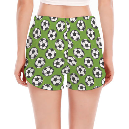 Green Soccer Ball Pattern Print Women's Split Running Shorts