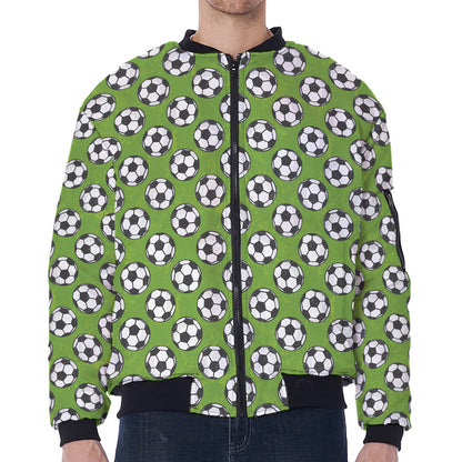 Green Soccer Ball Pattern Print Zip Sleeve Bomber Jacket