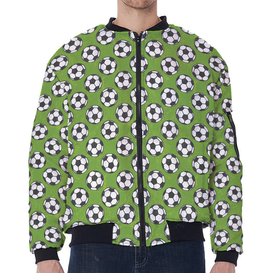 Green Soccer Ball Pattern Print Zip Sleeve Bomber Jacket