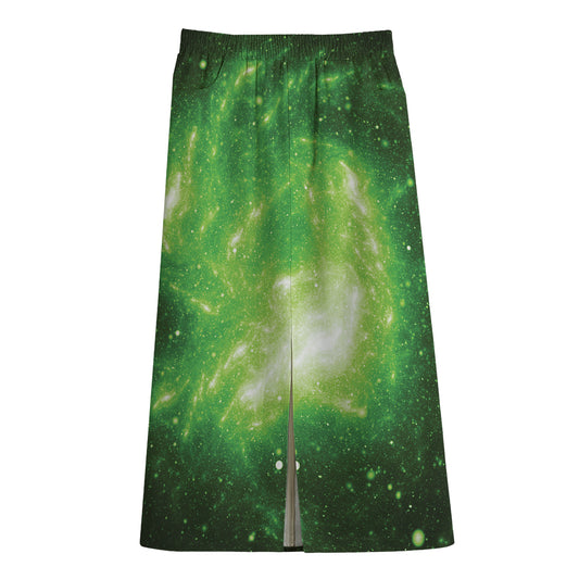 Green Sparkle Galaxy Print Cotton Front Slit Maxi Skirt