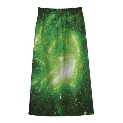 Green Sparkle Galaxy Print Cotton Front Slit Maxi Skirt