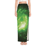 Green Sparkle Galaxy Print High Slit Maxi Skirt