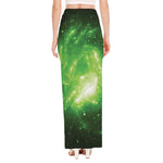 Green Sparkle Galaxy Print High Slit Maxi Skirt