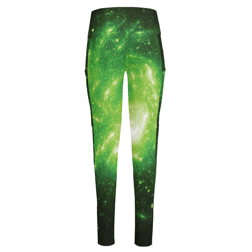 Green Sparkle Galaxy Print High-Waisted Pocket Leggings