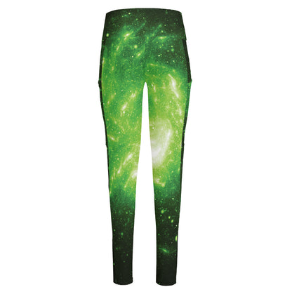 Green Sparkle Galaxy Print High-Waisted Pocket Leggings