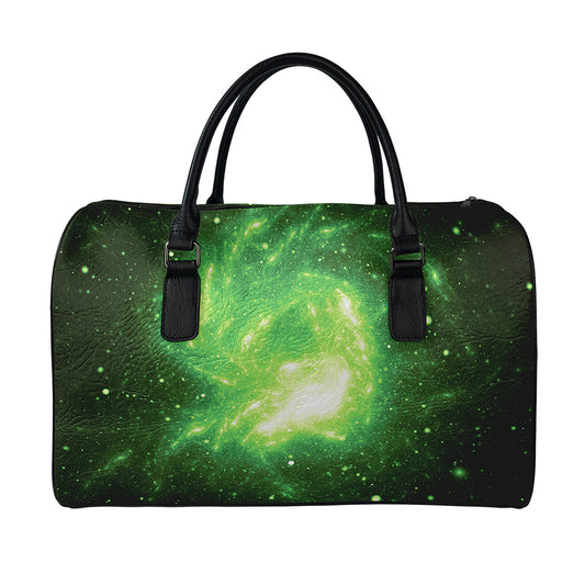 Green Sparkle Galaxy Print Leather Duffle Bag