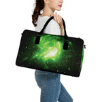 Green Sparkle Galaxy Print Leather Duffle Bag