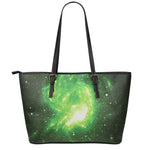 Green Sparkle Galaxy Print Leather Tote Bag
