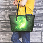 Green Sparkle Galaxy Print Leather Tote Bag