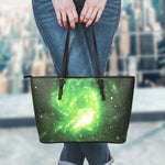 Green Sparkle Galaxy Print Leather Tote Bag