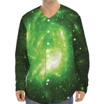 Green Sparkle Galaxy Print Long Sleeve Baseball Jersey