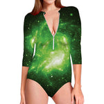 Green Sparkle Galaxy Print Long Sleeve Swimsuit