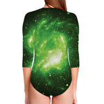 Green Sparkle Galaxy Print Long Sleeve Swimsuit