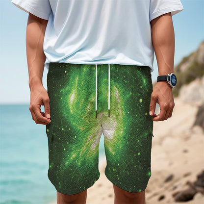Green Sparkle Galaxy Print Men's Cargo Shorts