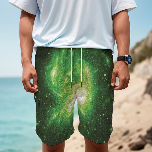 Green Sparkle Galaxy Print Men's Cargo Shorts