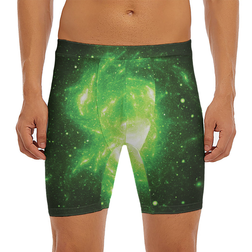 Green Sparkle Galaxy Print Men's Long Boxer Briefs