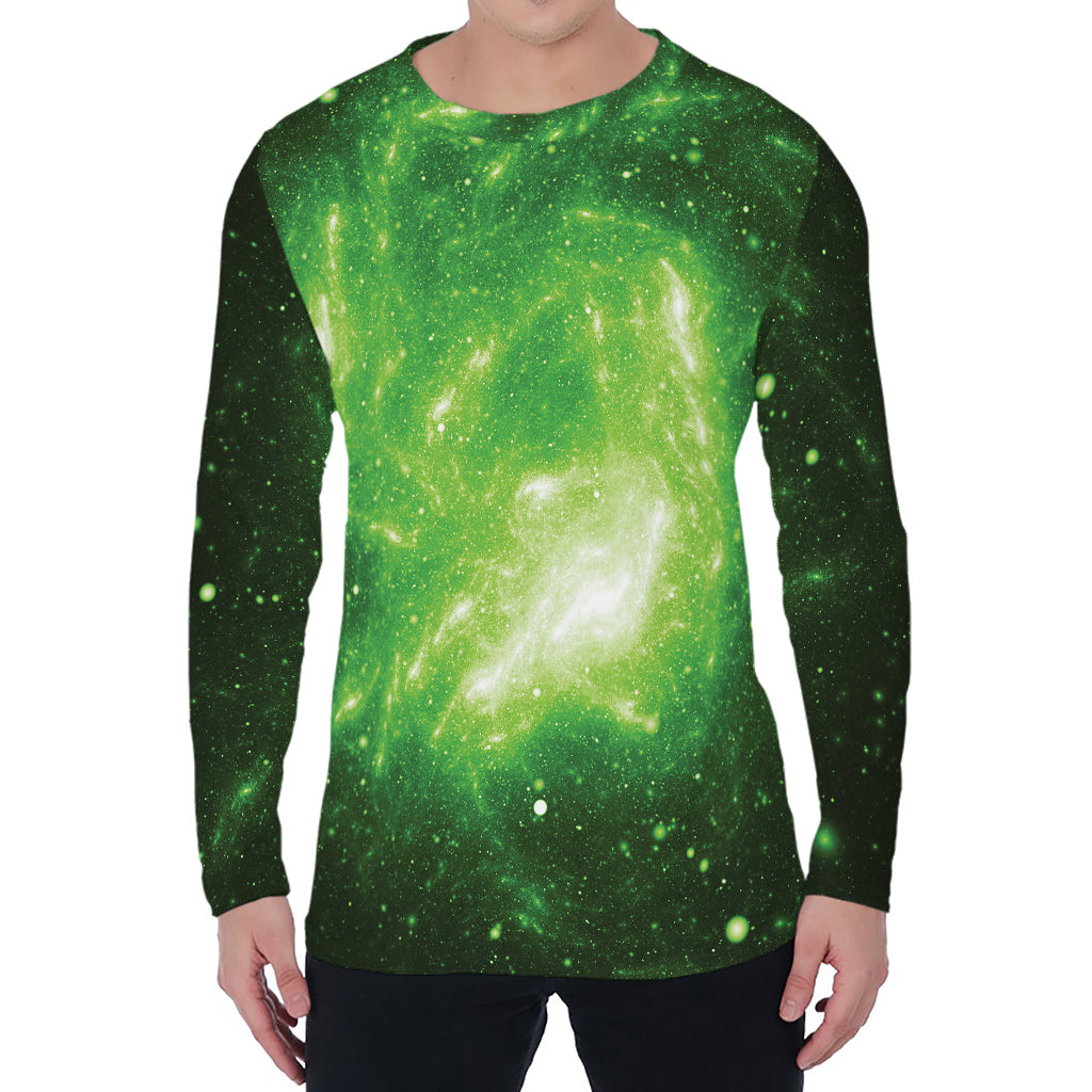 Green Sparkle Galaxy Print Men's Long Sleeve T-Shirt