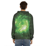 Green Sparkle Galaxy Print Men's Velvet Pullover Hoodie