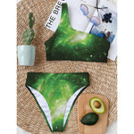 Green Sparkle Galaxy Print One Shoulder Bikini Top