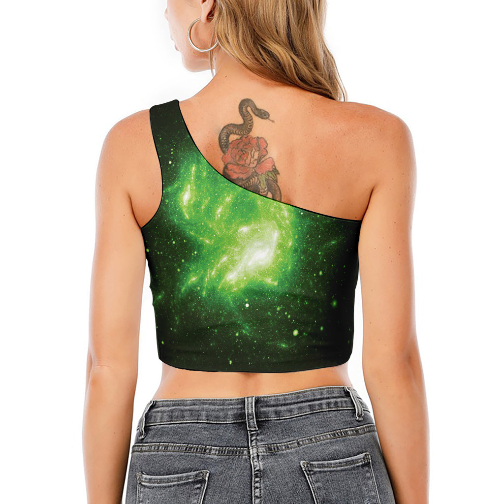 Green Sparkle Galaxy Print One Shoulder Crop Top