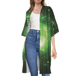 Green Sparkle Galaxy Print Open Front Beach Cover Up