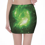 Green Sparkle Galaxy Print Pencil Mini Skirt