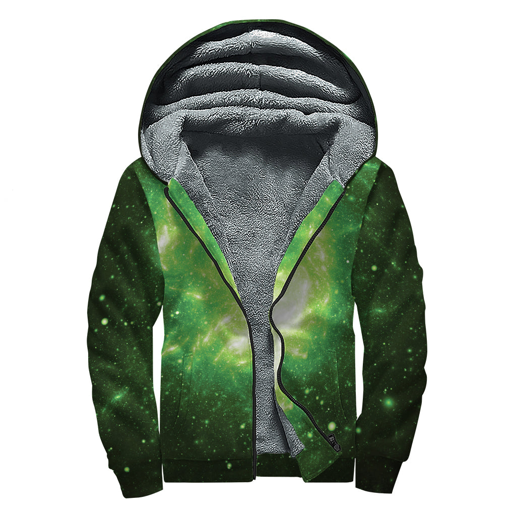 Green Sparkle Galaxy Print Sherpa Lined Zip Up Hoodie
