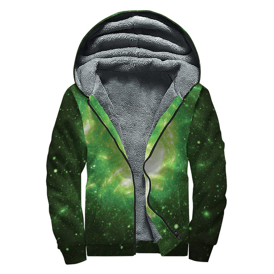 Green Sparkle Galaxy Print Sherpa Lined Zip Up Hoodie
