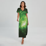 Green Sparkle Galaxy Print Short Sleeve Maxi Dress