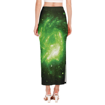 Green Sparkle Galaxy Print Side Slit Maxi Skirt