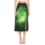 Green Sparkle Galaxy Print Side Slit Midi Skirt
