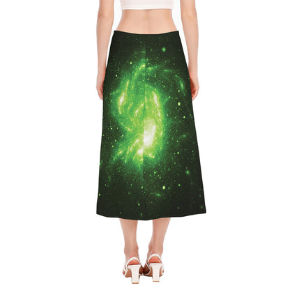 Green Sparkle Galaxy Print Side Slit Midi Skirt