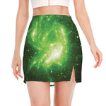 Green Sparkle Galaxy Print Side Slit Mini Skirt