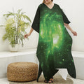 Green Sparkle Galaxy Print Silk V-Neck Kaftan Dress