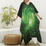 Green Sparkle Galaxy Print Silk V-Neck Kaftan Dress