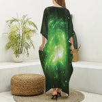 Green Sparkle Galaxy Print Silk V-Neck Kaftan Dress