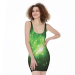 Green Sparkle Galaxy Print Sleeveless Bodycon Dress