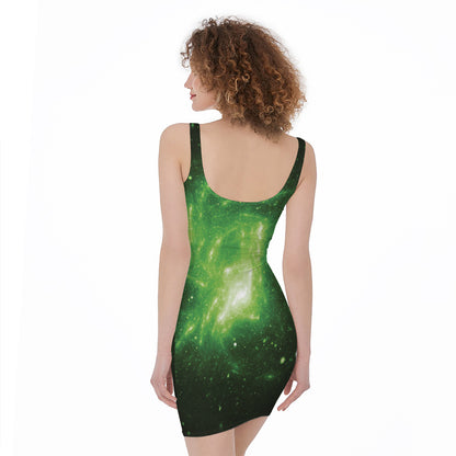 Green Sparkle Galaxy Print Sleeveless Bodycon Dress