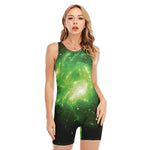 Green Sparkle Galaxy Print Sleeveless One Piece Swimsuit