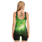 Green Sparkle Galaxy Print Sleeveless One Piece Swimsuit