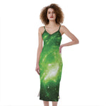 Green Sparkle Galaxy Print Slim Fit Midi Cami Dress