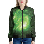 Green Sparkle Galaxy Print Women's Bomber Jacket