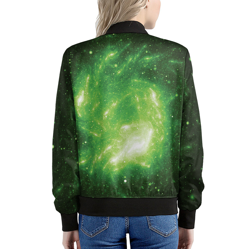 Green Sparkle Galaxy Print Women's Bomber Jacket