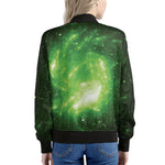 Green Sparkle Galaxy Print Women's Bomber Jacket