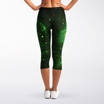 Green Sparkle Galaxy Print Women's Capri Leggings
