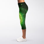 Green Sparkle Galaxy Print Women's Capri Leggings