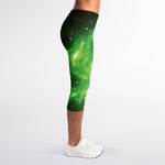 Green Sparkle Galaxy Print Women's Capri Leggings