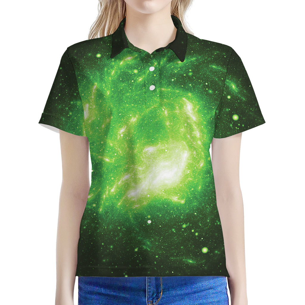 Green Sparkle Galaxy Print Women's Polo Shirt