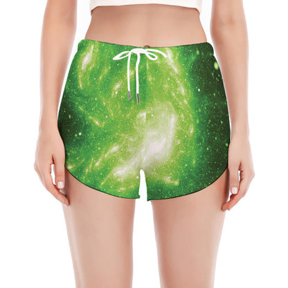 Green Sparkle Galaxy Print Women's Split Running Shorts