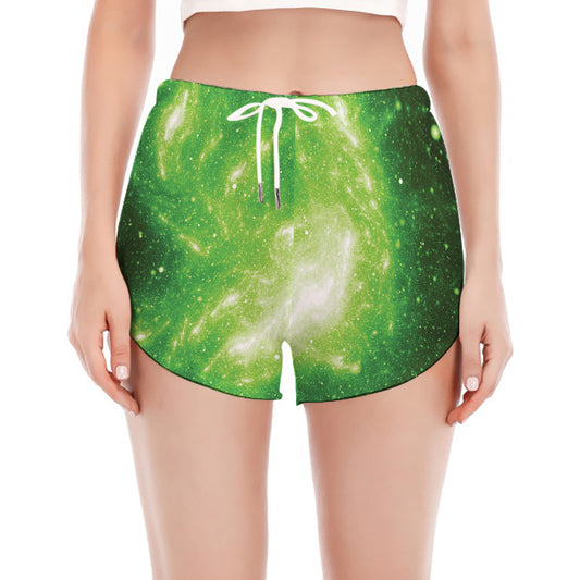 Green Sparkle Galaxy Print Women's Split Running Shorts